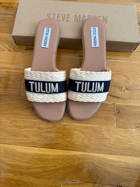 Steve Madden Tulum Slide Sandals in Beige and Black